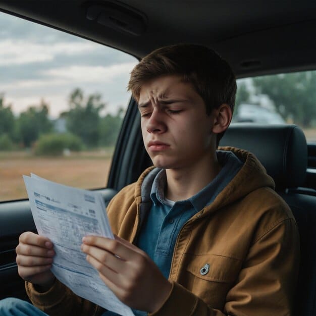 A confused person looking at a car invoice with several line items, including a highlighted destination fee.