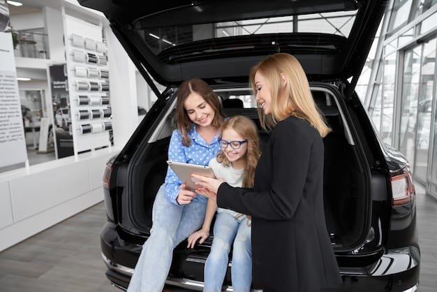 A family inspecting the interior of a modern hybrid SUV at a car dealership, with a salesperson explaining the vehicle's features and benefits.