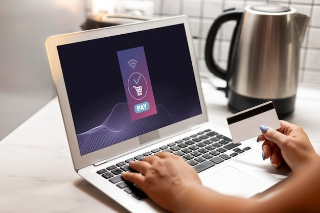 A person making an online payment on a laptop with a credit card nearby. The screen displays a secure payment gateway, emphasizing convenience and security.
