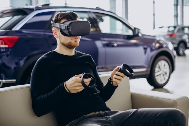 A person wearing a VR headset sitting in a simulated car interior while browsing an online car marketplace on a tablet, showcasing advanced technology influencing online car buying.