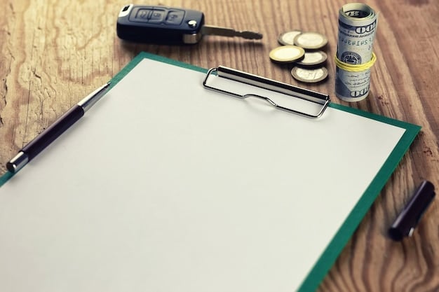 A close-up of a car loan document with a pen, calculator, and a set of keys on a wooden table.