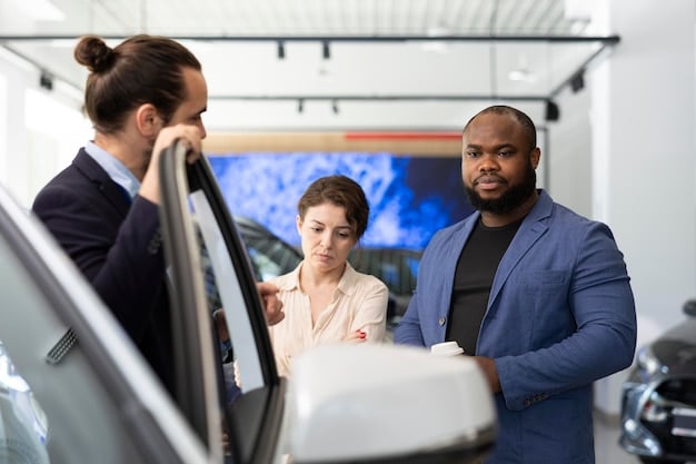 A person confidently negotiating with a car dealer in a modern dealership setting. The image conveys the importance of being prepared and assertive during the negotiation process.