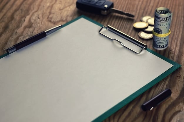 An aerial view of a contract highlighting the fine print about prepayment penalties, surrounded by coins and a small calculator. The focus in on the details in writing, making clear of how important it is.