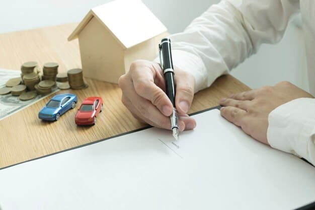 A person carefully reviewing a detailed car loan agreement with a pen in hand, highlighting key sections.