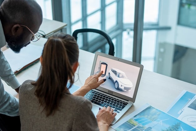 A person sitting at a desk, looking at a laptop screen displaying a 360-degree view of a car interior, highlighting the use of virtual tours in online car buying.