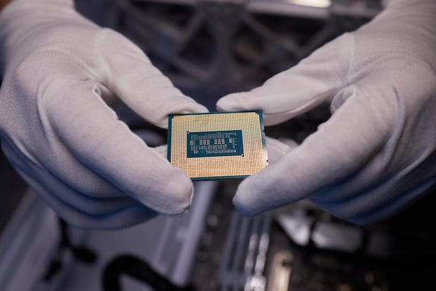 A close-up shot of a microchip being installed in a car's electronic system. The image is well-lit and focuses on the intricate details of the chip and the hands of the technician.