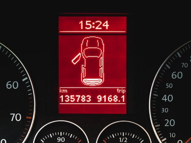 A close-up dashboard view inside a 2025 car, highlighting the digital display showing real-time alerts from the advanced driver-assistance systems (ADAS). The steering wheel has integrated controls and sensors.