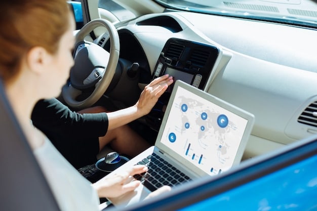 A dashboard display of a modern electric car showing various driver-assist technologies and vehicle data.