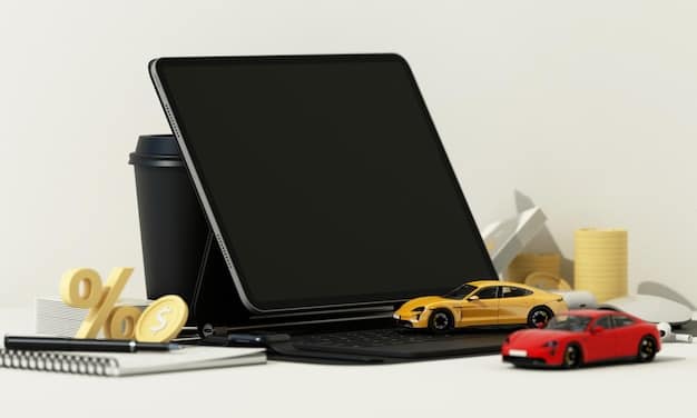 A digital tablet displaying various car loan rates from different lenders in a well-organized comparison chart. Highlighted areas draw attention to the most favorable rates. The background suggests a modern workspace.