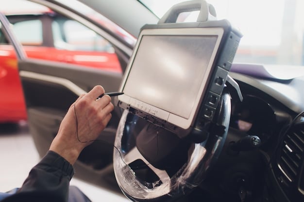 An image of a car undergoing an emissions test with a technician checking the results on a computer screen. The scene is focused on automotive testing.
