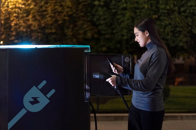 A detailed close-up of an electric vehicle charging at a public charging station, highlighting the charging port and the digital display showing the charging progress.