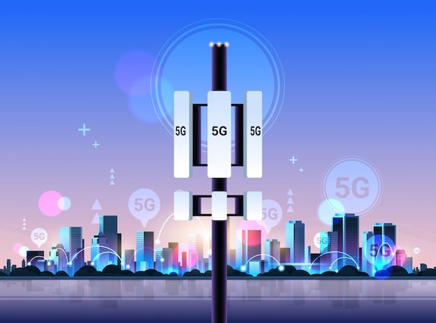 A visual representation of a smart city infrastructure, highlighting the integration of 5G technology with traffic lights, road sensors, and autonomous vehicles, showcasing seamless communication and data exchange.