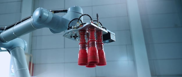A close-up shot of a robotic arm precisely assembling a battery pack in an EV manufacturing plant. The focus is on the precision and automation involved in EV battery production.