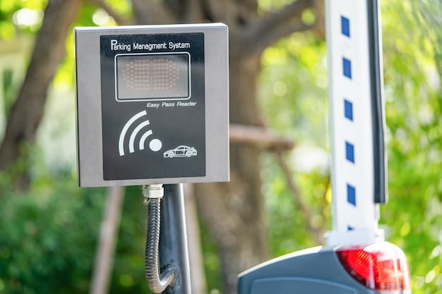 A detailed close-up of a charging station in a public parking lot, with a connected electric vehicle being charged. The background shows a mix of other EVs and traditional cars, with people walking by, emphasizing the integration of electric vehicles into everyday life.