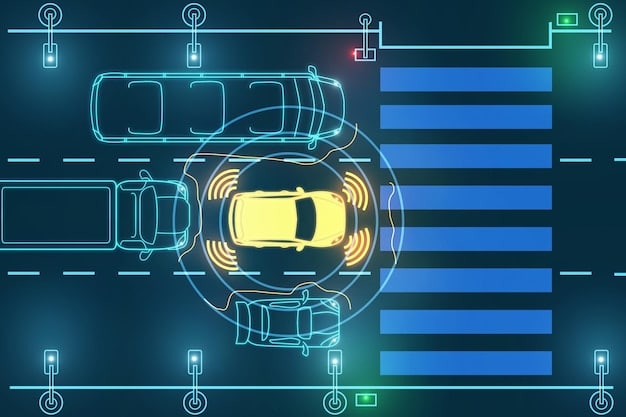 A graphic illustrating the different sensors (cameras, radar, lidar) that are integrated into a car to provide data for AI-powered ADAS. The sensors should be highlighted with glowing outlines.
