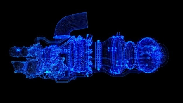 A close-up of an engine with holographic overlays indicating AI algorithms optimizing fuel injection, combustion, and exhaust processes.
