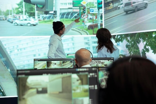 A scene in a modern autonomous vehicle control center, with engineers monitoring real-time data from a fleet of self-driving cars. The screens display maps, sensor data, and diagnostic information.
