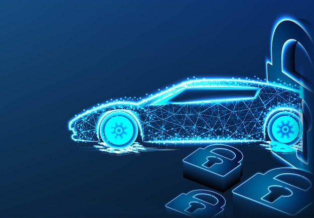 A stylized representation of a car's network, with security firewalls and encryption symbols protecting data flow, highlighting the importance of cybersecurity in modern vehicles.