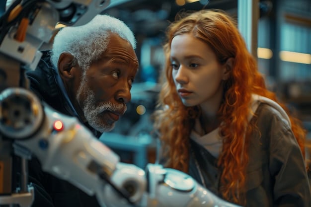 A close-up of a collaborative robot (cobot) working alongside a human worker on an automotive assembly line, highlighting the interaction between humans and advanced robotics in manufacturing.