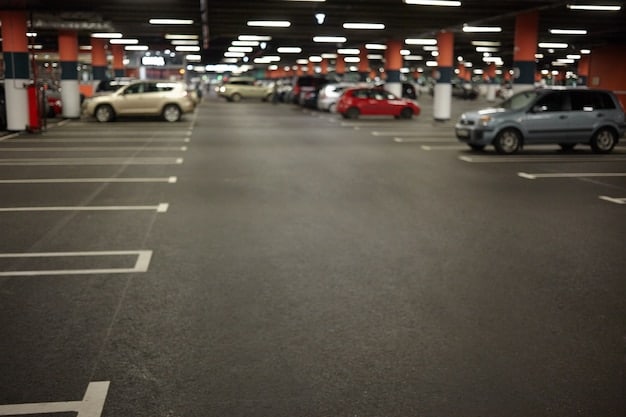A close-up shot of an empty car dealership lot in the United States. Signs indicate 