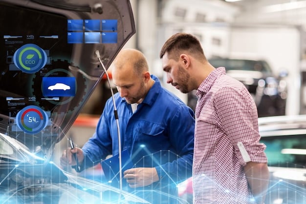 A futuristic automotive design studio with engineers working on electric vehicle prototypes, highlighting innovation in EV technology.