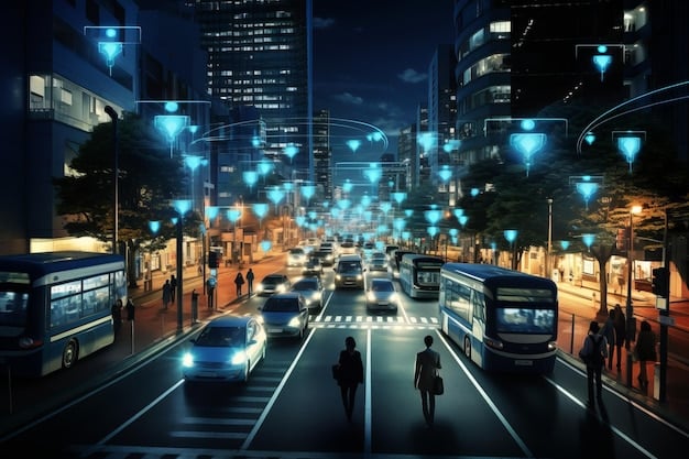 A futuristic depiction of autonomous vehicles communicating seamlessly with each other and with city infrastructure through a 5G network, highlighting the potential for enhanced safety and efficiency.