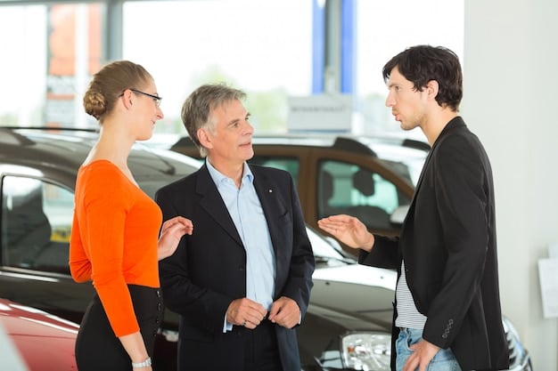 A showroom with several new cars displayed, with price tags clearly visible. Some potential customers are browsing, but their expressions suggest concern or hesitation.