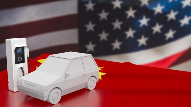 A close-up of an electric vehicle charging station with the American flag waving in the background, symbolizing the domestic focus of the incentives. The image should emphasize the technology and eco-friendliness of EVs.