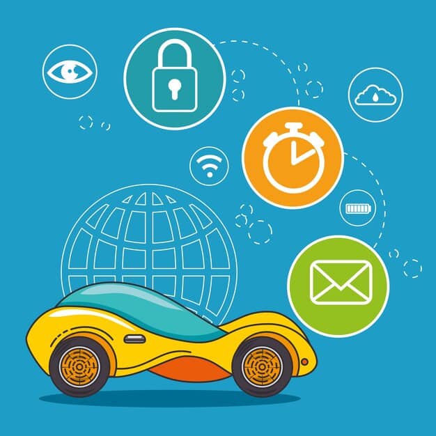 A graphic depicting a secure OTA (Over-The-Air) update process for a car. The graphic should show data flowing securely from a manufacturer's server to a car, with icons representing encryption, authentication, and integrity checks.