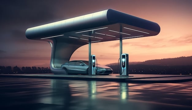 A sleek, modern electric car charging at a futuristic charging station. The scene emphasizes sustainability and technological advancement.