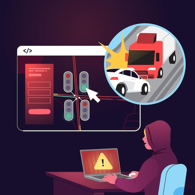 An illustration of a cybersecurity expert analyzing data streams from an autonomous vehicle, highlighting potential vulnerabilities and outlining security protocols to protect against cyberattacks.