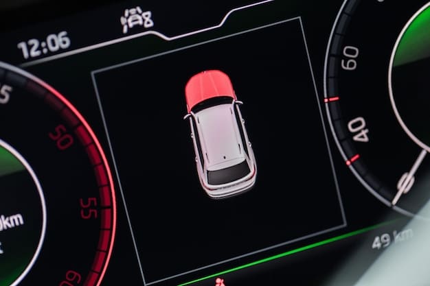 A close-up view of a car's front grille, highlighting the radar sensor used for adaptive cruise control and automatic emergency braking. The image should emphasize the sensor's integration into the vehicle's design.