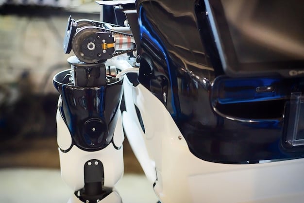 A detailed view of a robotic arm welding parts on a car chassis in an automotive factory, displaying precision and automated efficiency.