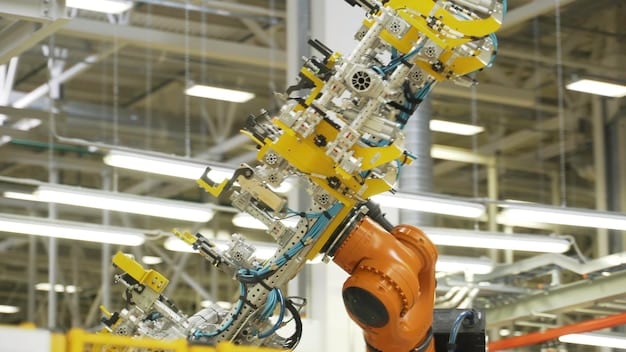 A robotic assembly line in an electric vehicle factory, with robots precisely assembling battery packs and other EV components. This highlights the increasing automation in EV manufacturing.