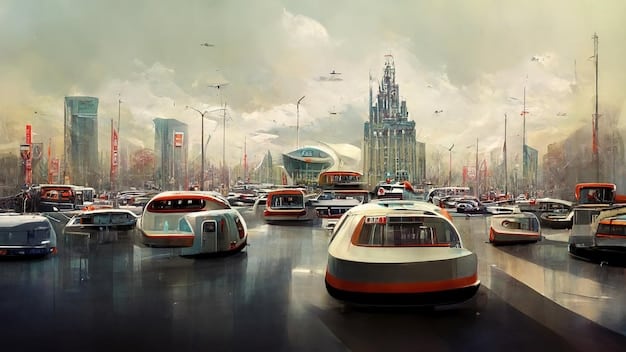 A futuristic representation of a city skyline with numerous autonomous vehicles seamlessly integrated into the traffic flow.
