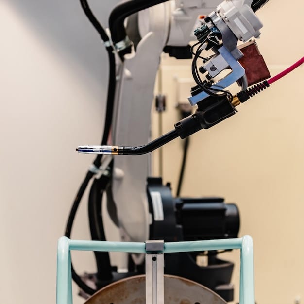 A close-up of an AI-powered robotic arm precisely welding a car frame inside a modern factory. The robotic arm is surrounded by sparks, and digital control panels are visible in the background, showcasing the automation and precision of the process.