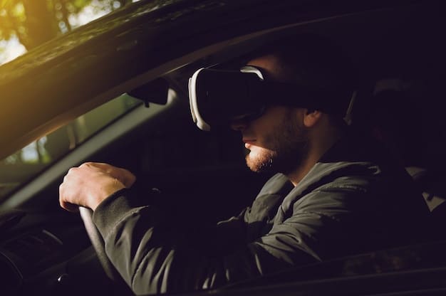 An automotive engineer wearing a VR headset, interacting with a virtual model of a car engine. The virtual engine is overlaid on a real-world workbench, showcasing the augmented reality application. The engineer is using hand gestures to manipulate the virtual components.
