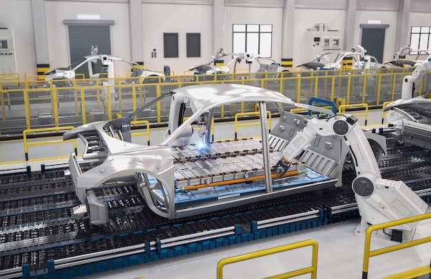 A panoramic view of a modern electric vehicle factory, with robots assembling EV batteries and vehicles on the assembly line. The factory is clean, well-lit, and filled with advanced technology.