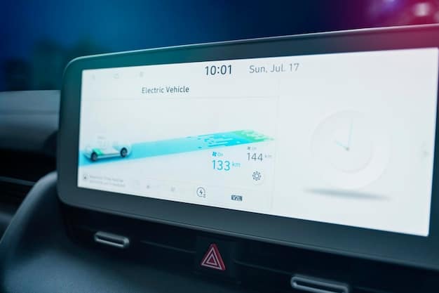 A dashboard display inside a modern electric vehicle, highlighting the energy consumption data and remaining range. The focus is on the user interface and the seamless integration of vehicle information, illustrating the advanced technology and user-friendly design of EVs.