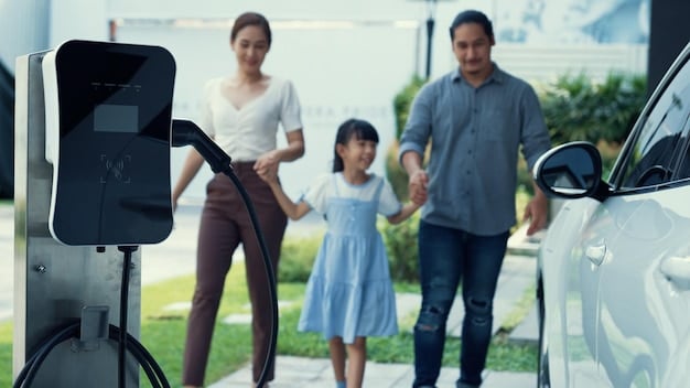A visual representation of a government incentive program, showing a family receiving a tax credit for purchasing an electric vehicle, emphasizing the role of public policy in promoting EV adoption.