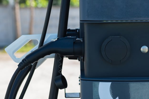 A close-up shot of a charging port on an electric vehicle, with sparks of electricity visible. The background is blurred, focusing on the charging process with advanced cooling systems.
