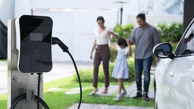 A diverse group of people standing around a modern electric vehicle at a public charging station. The scene shows the charging process with a clear display indicating the charging status.