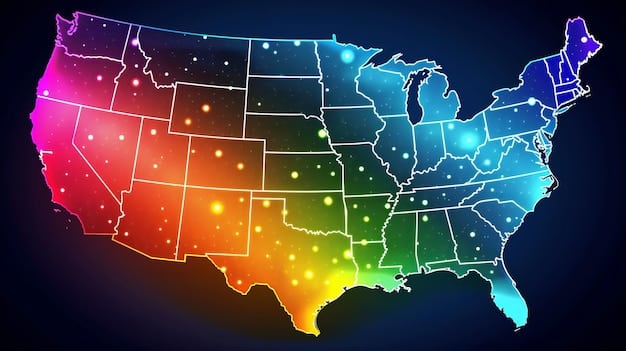 A map of the United States, with certain states highlighted in different colors to represent varying levels of electric vehicle insurance premiums, ranging from low to high.