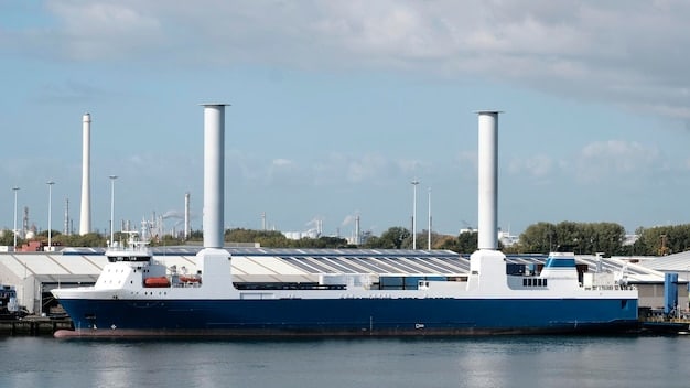 A cargo ship loaded with brand-new electric vehicles, ready to depart from a US port. The vehicles are various models of electric cars and trucks, all shining and new, secured on the deck. The background shows a clear sky and the city skyline.