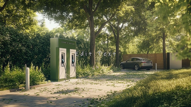A photograph of a small-town electric vehicle charging station located next to a community center. A single electric vehicle is parked at the station, with solar panels visible on the roof of the community center in the background. The overall scene is quiet and peaceful, emphasizing the integration of EV infrastructure into rural settings.