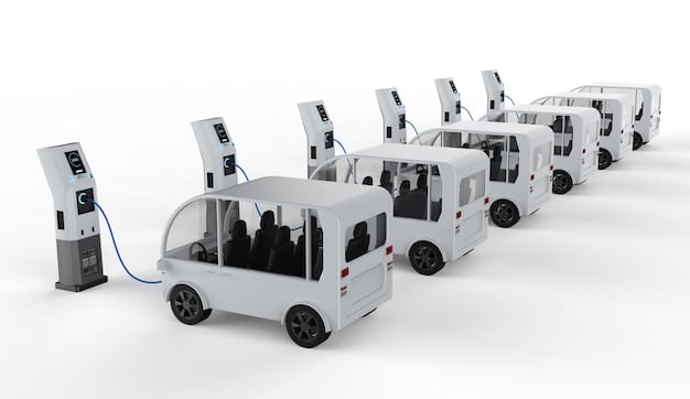 A row of various electric vehicle models from different manufacturers parked at a modern charging station. The scene highlights the compatibility of different EV brands with the standard charging infrastructure.