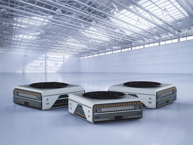 A futuristic factory setting with robots assembling solid-state batteries on a production line. The scene is clean and high-tech, symbolizing the advanced manufacturing processes required for mass production of solid-state batteries.