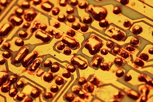 A detailed close-up photograph of a semiconductor chip with various intricate circuits visible. The chip is placed on a blurred background of an EV dashboard, making it clear that these are being used in EV production.