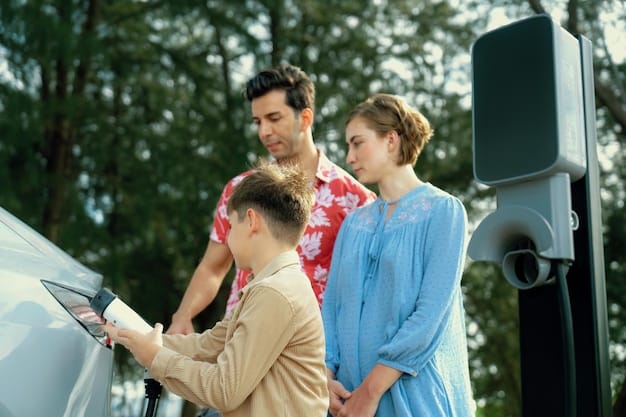 A diverse group of people examining an electric vehicle charging station, highlighting the accessibility and public infrastructure supporting EV adoption.