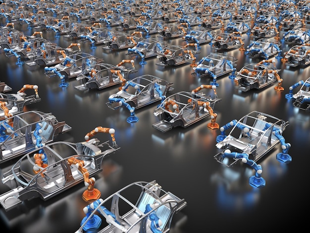 An automotive factory line producing electric vehicles, showcasing the transition from gasoline-powered cars to electric models.